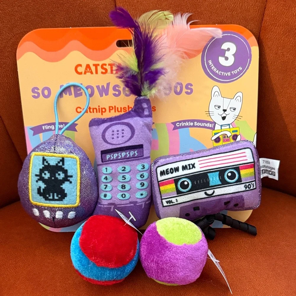 NWT 5 Fun Cat Toys: 3-pack “So Meowsome 90’s” plus 2 velvety rattle balls
